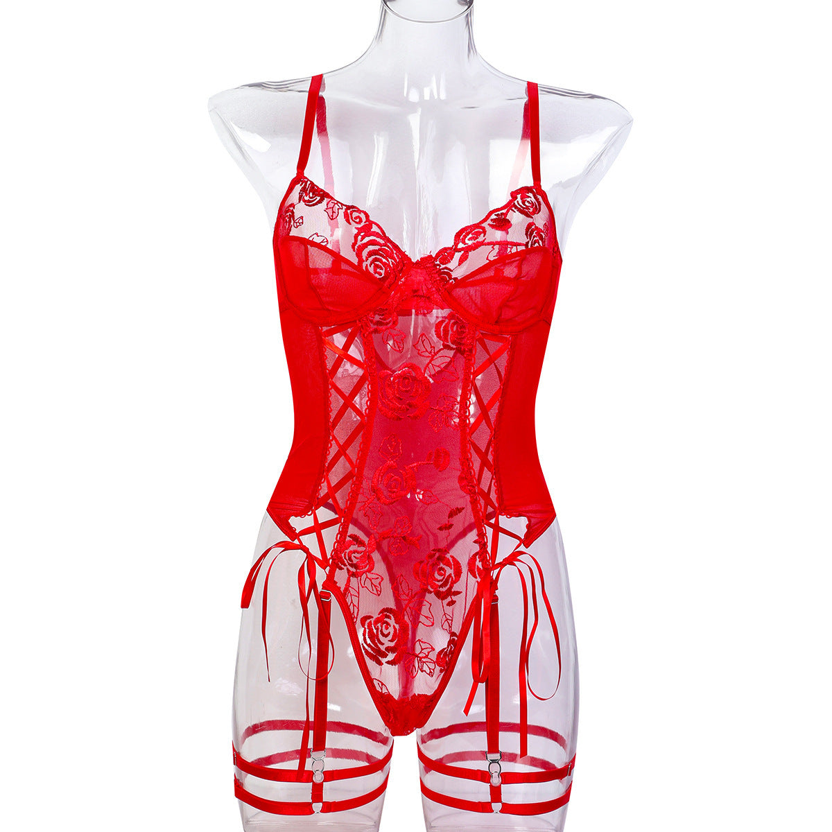 Valentine's Day Red Rose Flower Embroidery Cross Sexy Underwear