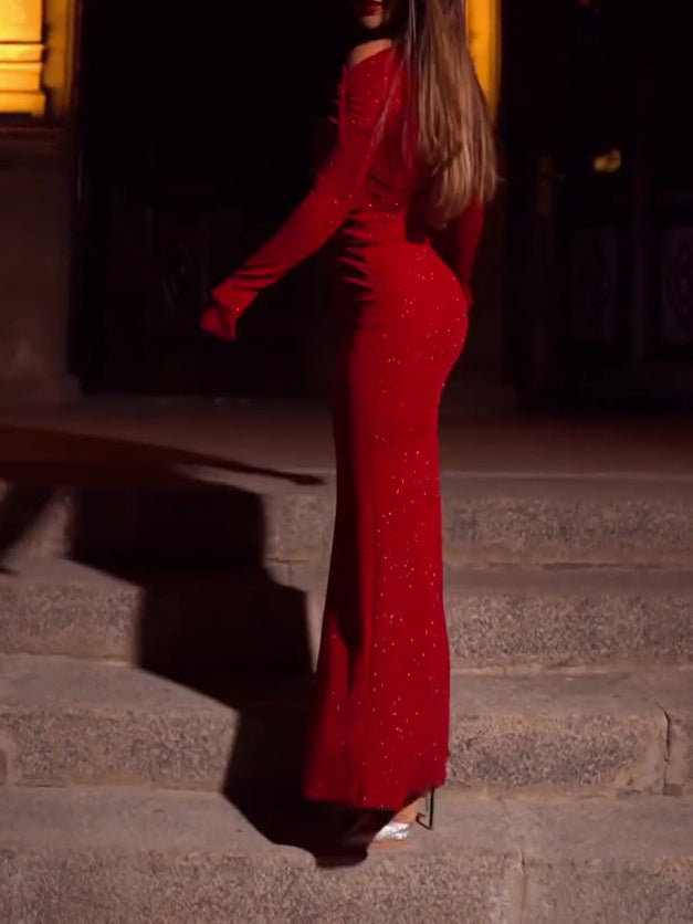 Red Long-sleeve Twisted Sequin Dress