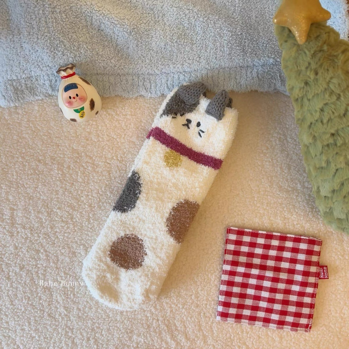 Coral Velvet Plush Cute Girl Warm Mid-calf Confinement Room Socks