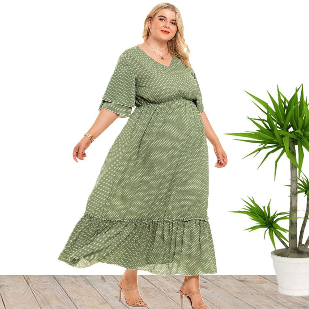 Long Bohemian Polka Dot Dress with Flounce Sleeves