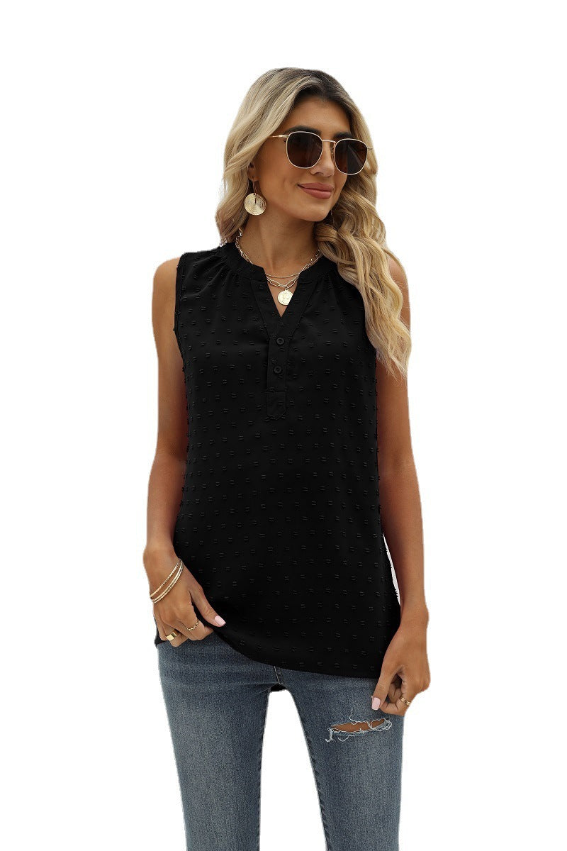 Sleeveless Loose Solid Color Chiffon Blouse V-neck with Jacquard Design