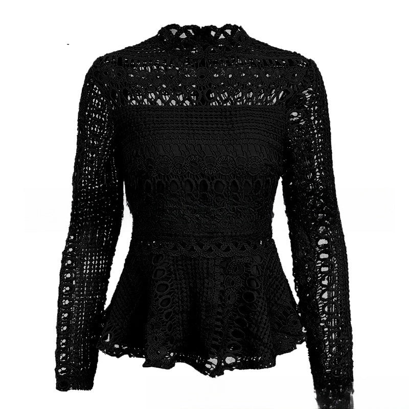 Crocheted Hollow Long Sleeve Lace Shirt