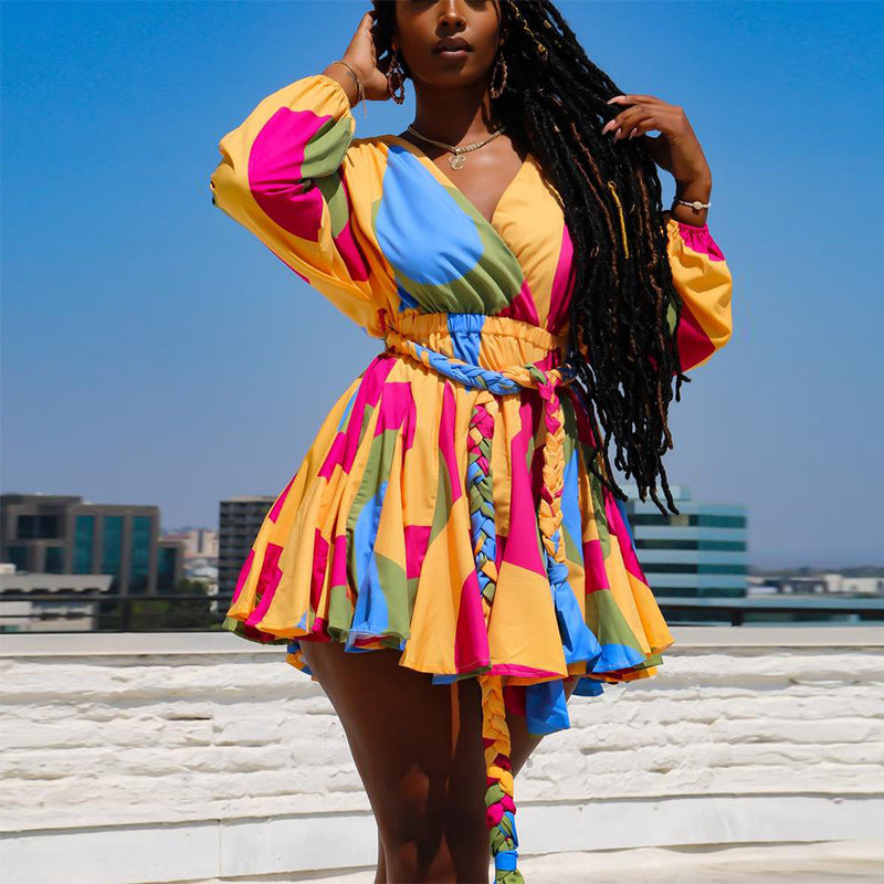 Colorful Short Flounce Dress with Low V-Neck