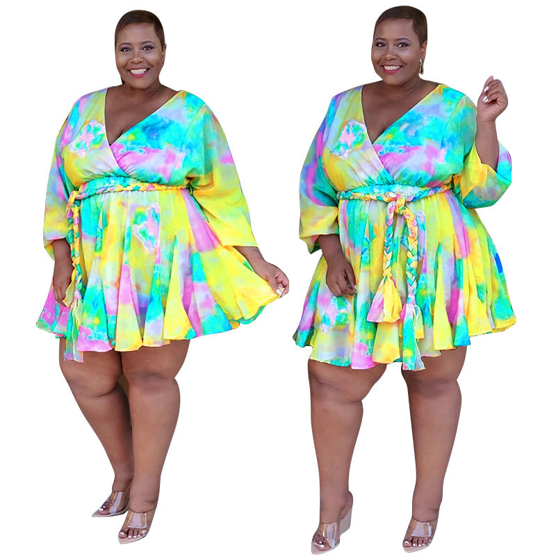 Colorful Short Flounce Dress with Low V-Neck