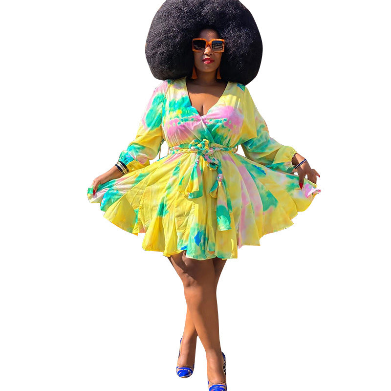 Colorful Short Flounce Dress with Low V-Neck