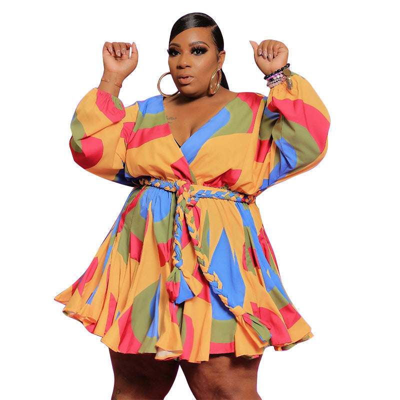 Colorful Short Flounce Dress with Low V-Neck