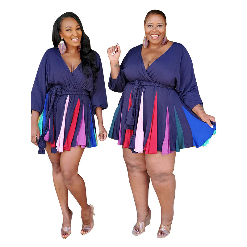 Colorful Short Flounce Dress with Low V-Neck