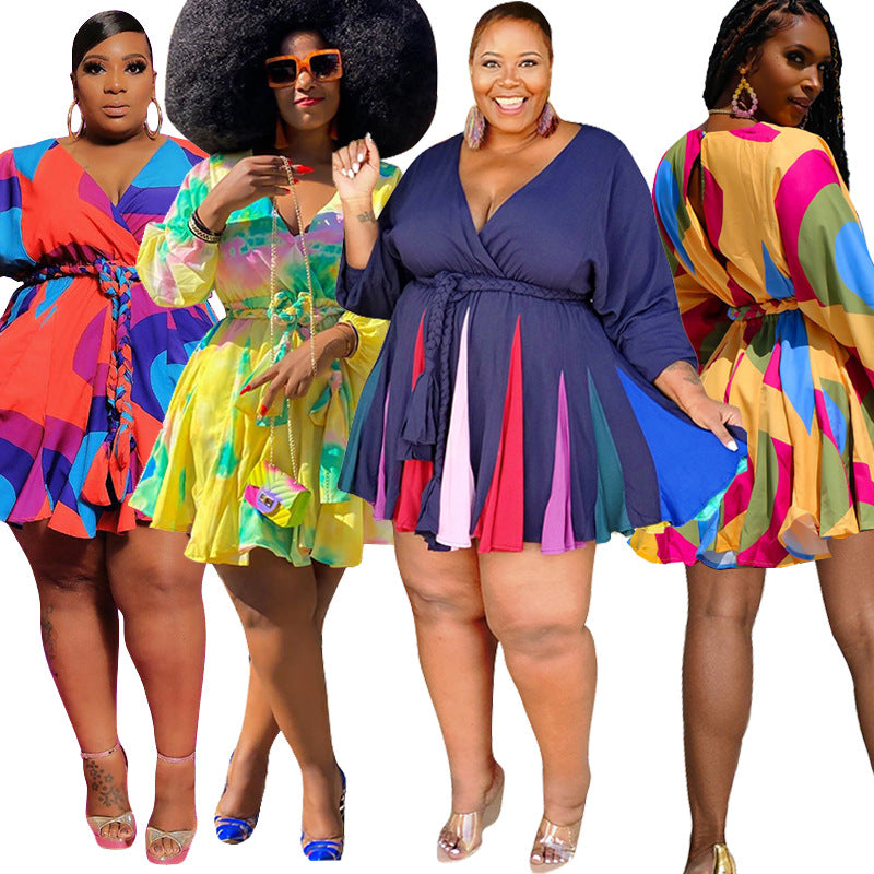 Colorful Short Flounce Dress with Low V-Neck