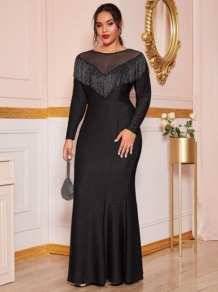 Long Black Dress with Long Sleeves, Wide Mesh V-Neck Across Front and Back Lined with Black Tassels