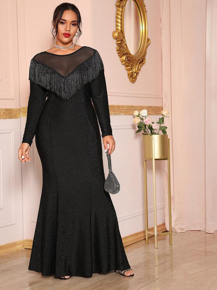 Long Black Dress with Long Sleeves, Wide Mesh V-Neck Across Front and Back Lined with Black Tassels