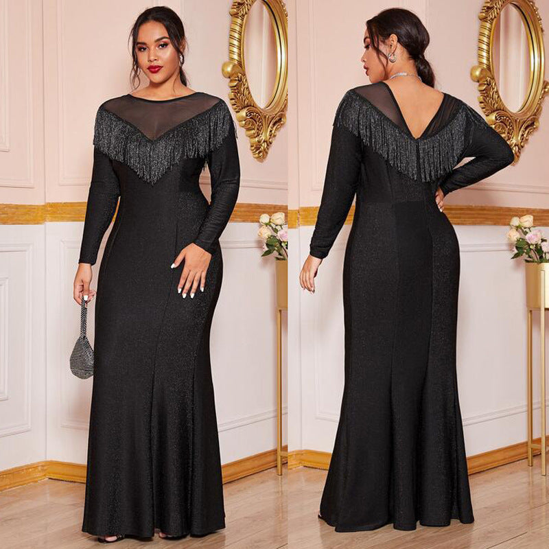 Long Black Dress with Long Sleeves, Wide Mesh V-Neck Across Front and Back Lined with Black Tassels