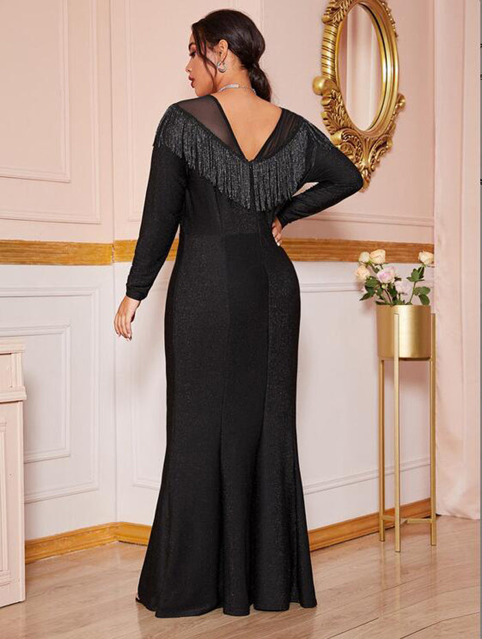 Long Black Dress with Long Sleeves, Wide Mesh V-Neck Across Front and Back Lined with Black Tassels