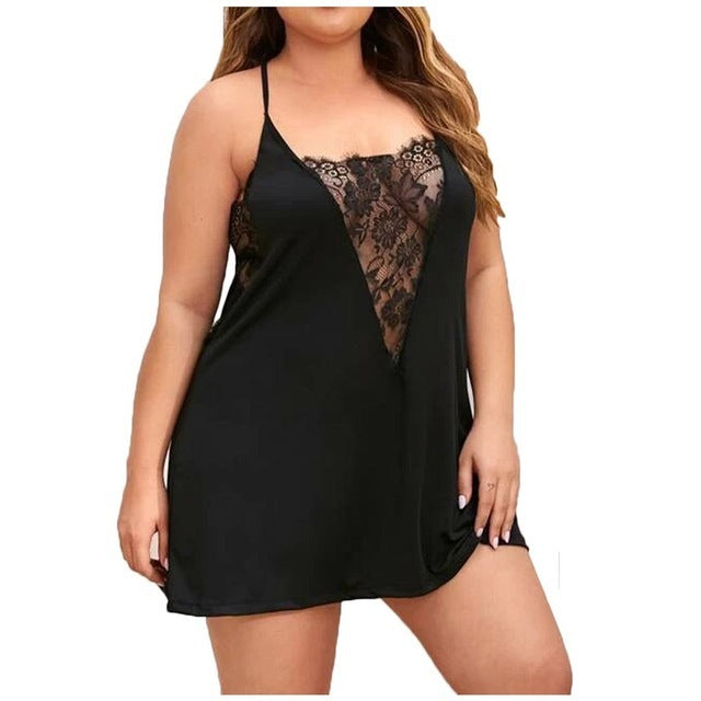 Short Black Skinny Strap Nightdress with Laced V-Neck and Laced V-Cut at Underarms