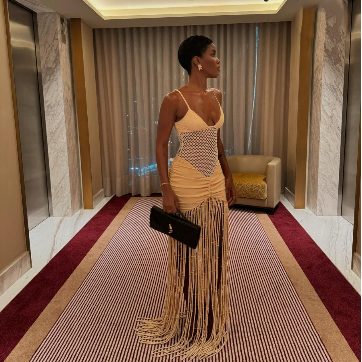 Fashion Suspenders Mesh Midriff Outfit Pleated Dress