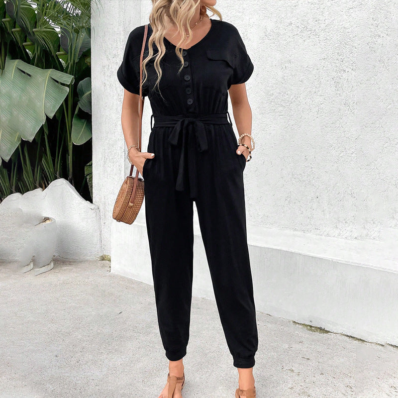 Jumpsuit Lace-up Short Sleeve Black
