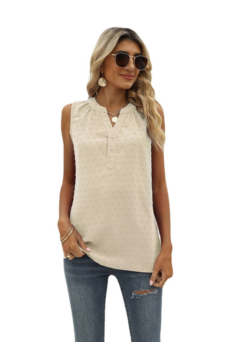 Sleeveless Loose Solid Color Chiffon Blouse V-neck with Jacquard Design