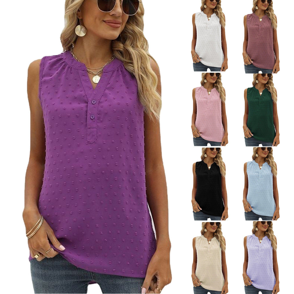 Sleeveless Loose Solid Color Chiffon Blouse V-neck with Jacquard Design