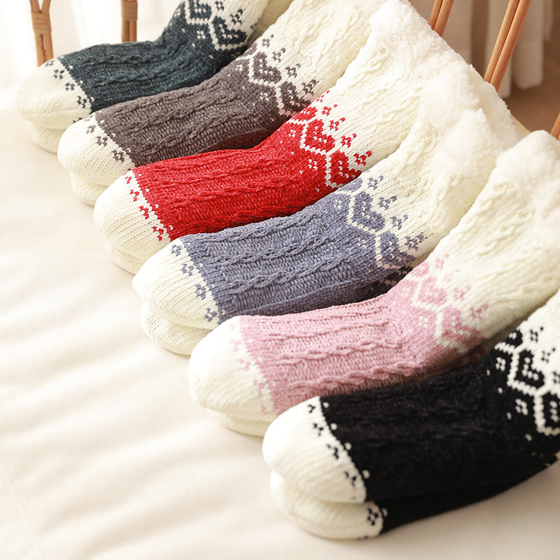 Winter Warm Non-slip Love Knitted Plush Floor Socks for Home