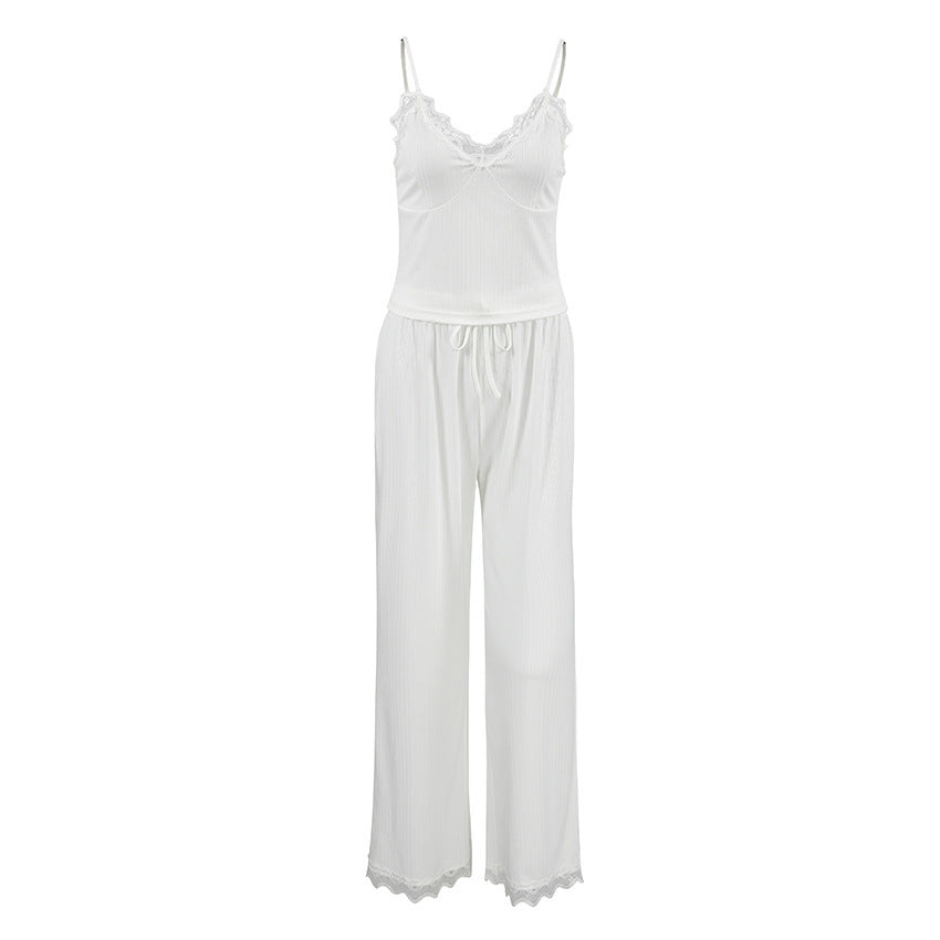 White Knitted Fabric Stitching Lace Sleepwear
