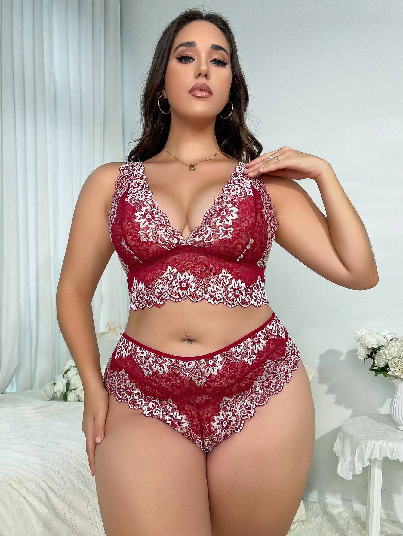 Curve-Hugging Lace Underwear Set, Deep V-Neck Top