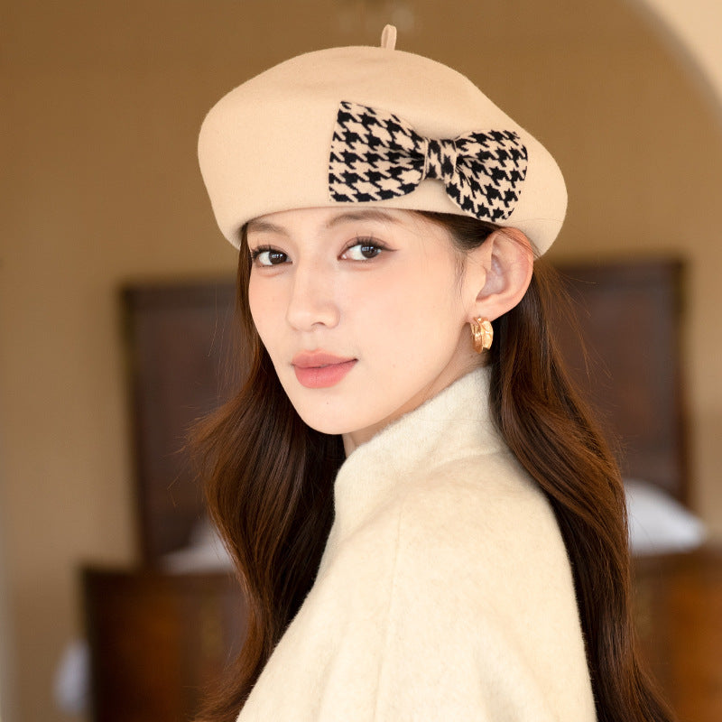 Women's Artist Cap/Beret All-matching Hat with Checkered Bow