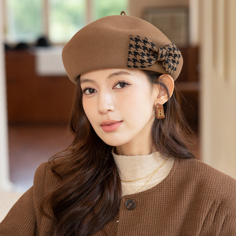 Women's Artist Cap/Beret All-matching Hat with Checkered Bow