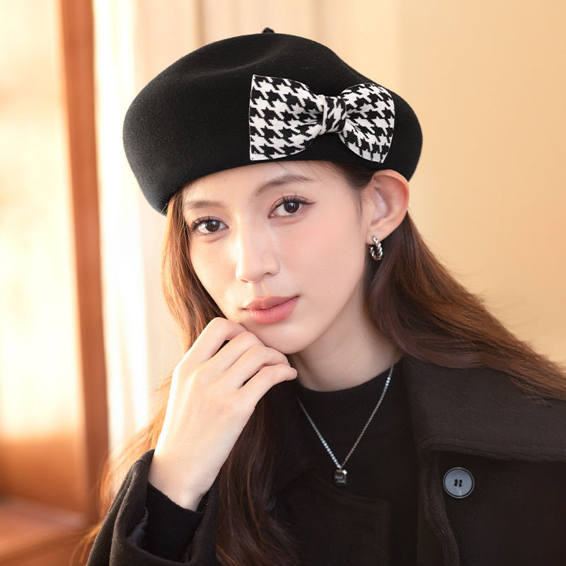 Women's Artist Cap/Beret All-matching Hat with Checkered Bow