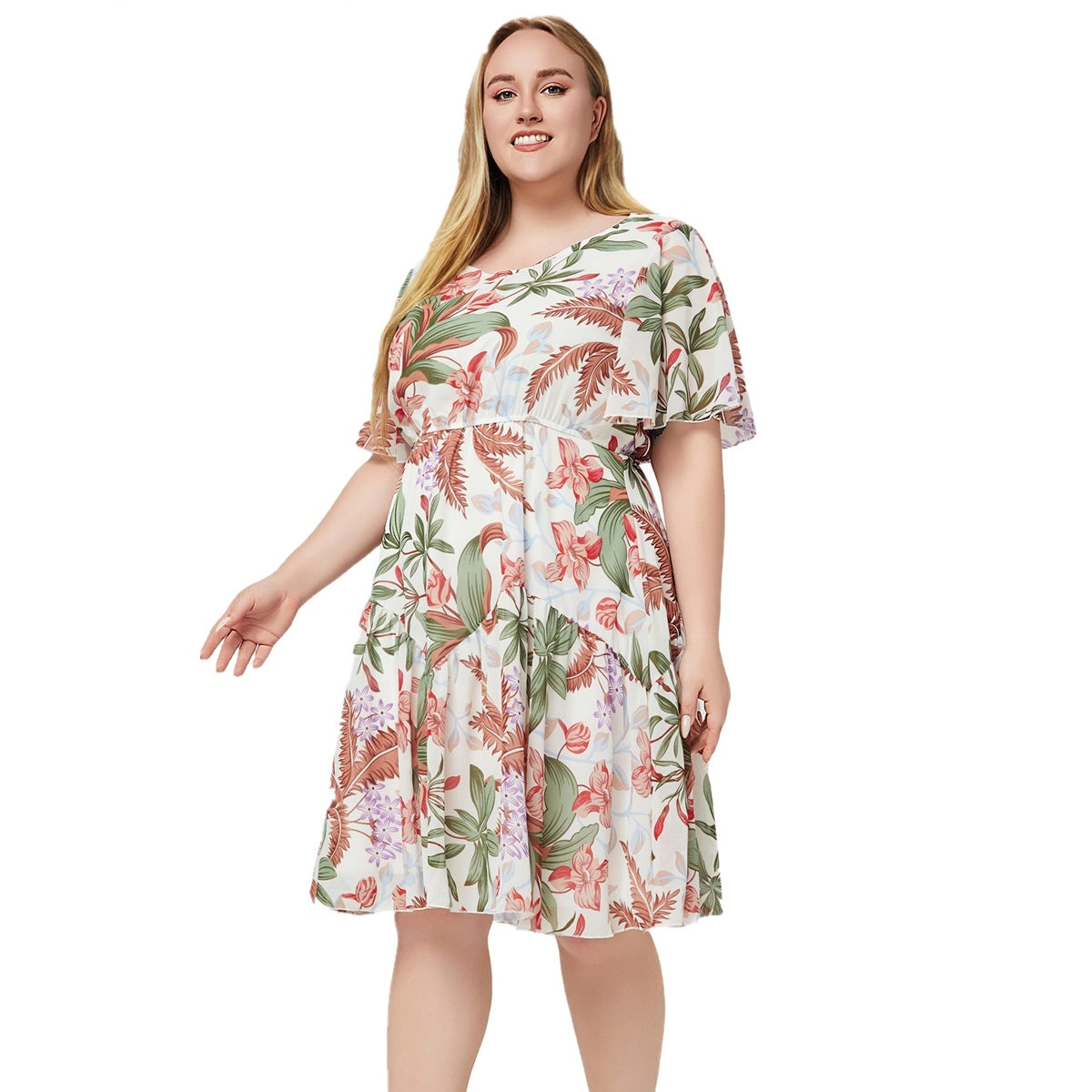 Women's Short Flounce Sleeve Floral Printed Chiffon Dress With Elastic Waist