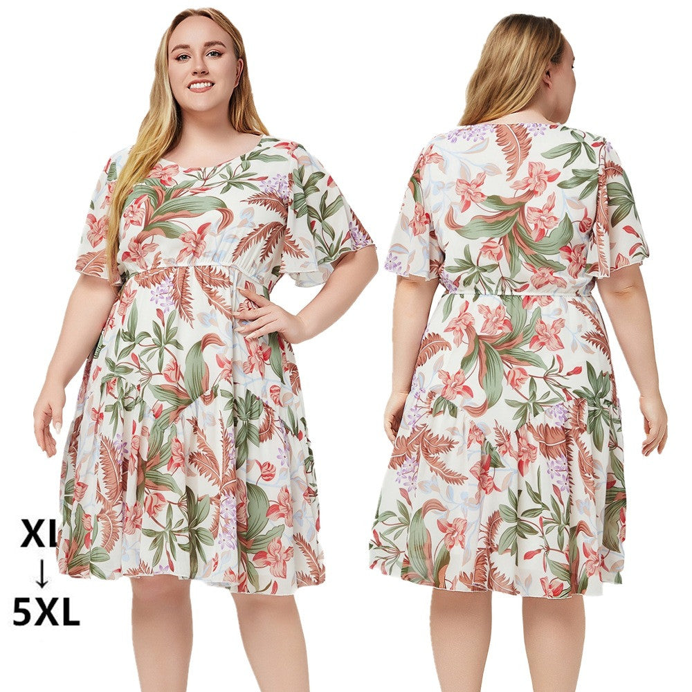 Women's Short Flounce Sleeve Floral Printed Chiffon Dress With Elastic Waist