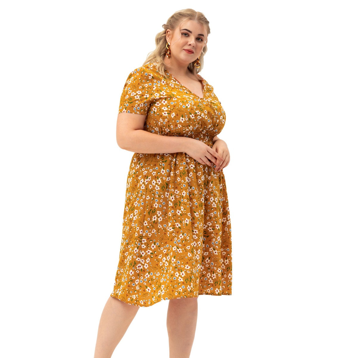 Knee-Length Elastic Waist Short-sleeved Printed Dress