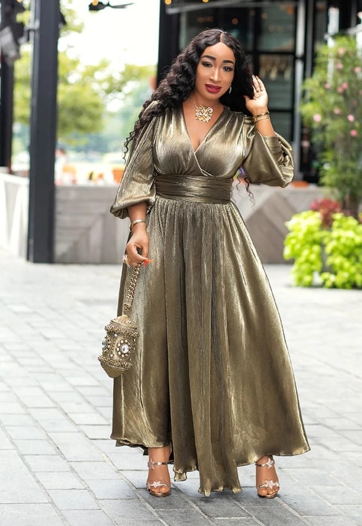 Shimmery Low V-Neck Long Dress with Lantern Sleeves