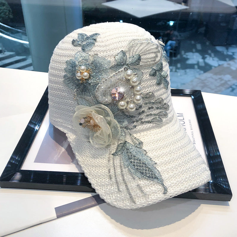 Women's Knitted Flower Rhinestone Handmade Applique Sunshade Cap