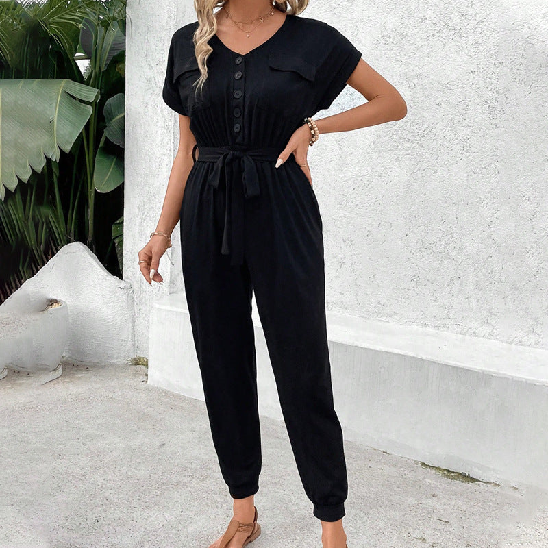 Jumpsuit Lace-up Short Sleeve Black