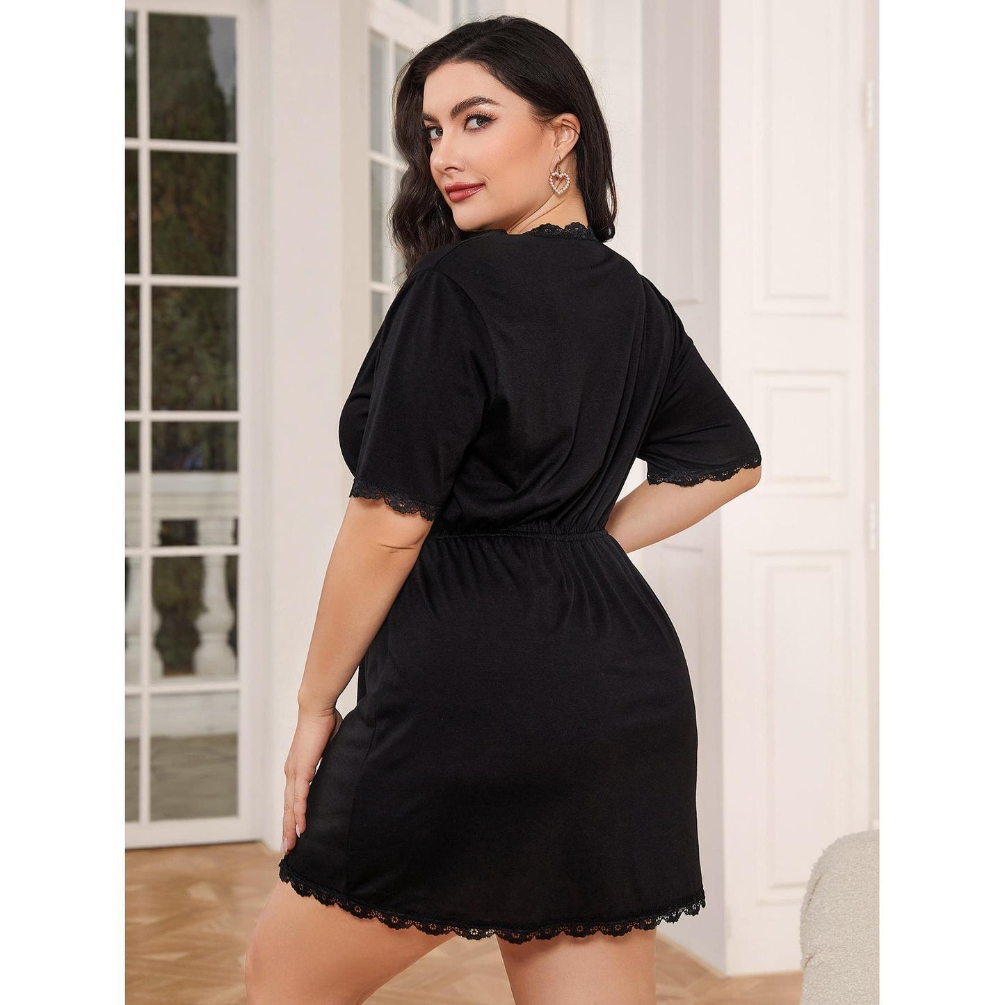 Lace-Trimmed Soft V-Neck Short Sleeve Elastic Waist Black Short Night Dress