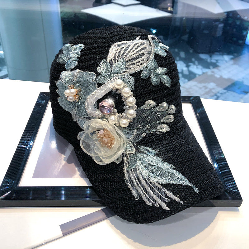 Women's Knitted Flower Rhinestone Handmade Applique Sunshade Cap