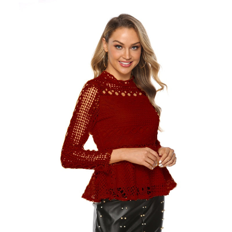 Crocheted Hollow Long Sleeve Lace Shirt