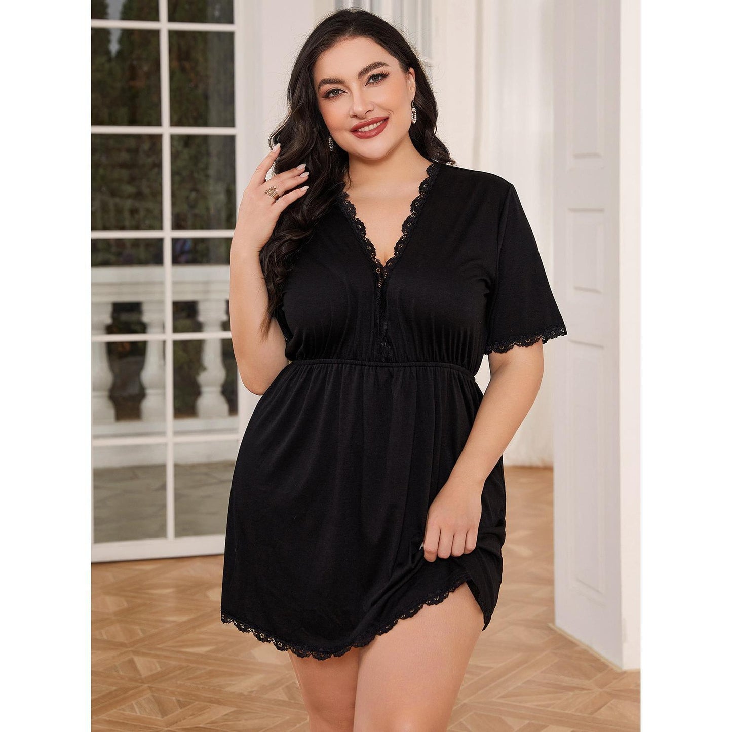 Lace-Trimmed Soft V-Neck Short Sleeve Elastic Waist Black Short Night Dress