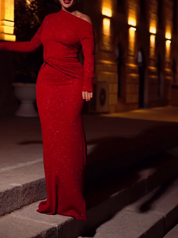 Red Long-sleeve Twisted Sequin Dress
