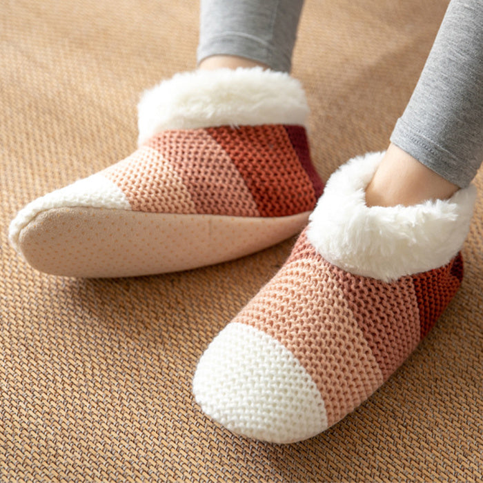 Home Indoor Warm Non-slip Color-matching Knitted Plush Floor Socks