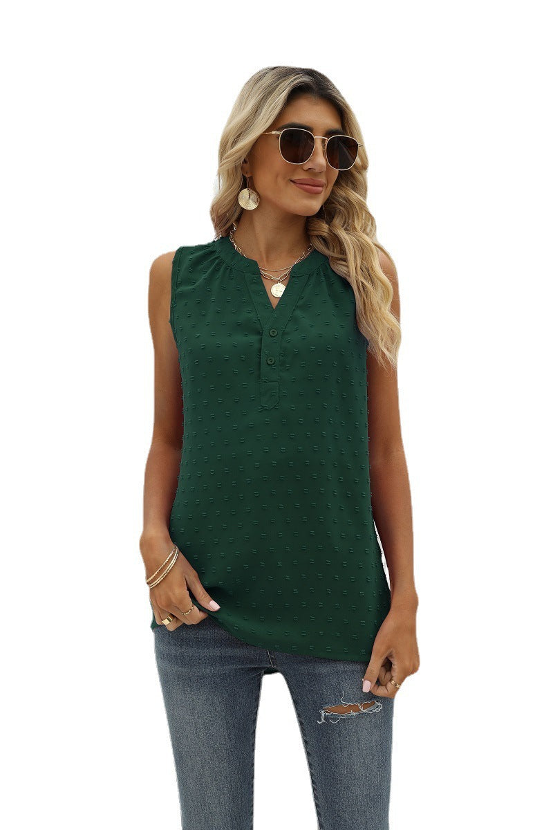 Sleeveless Loose Solid Color Chiffon Blouse V-neck with Jacquard Design