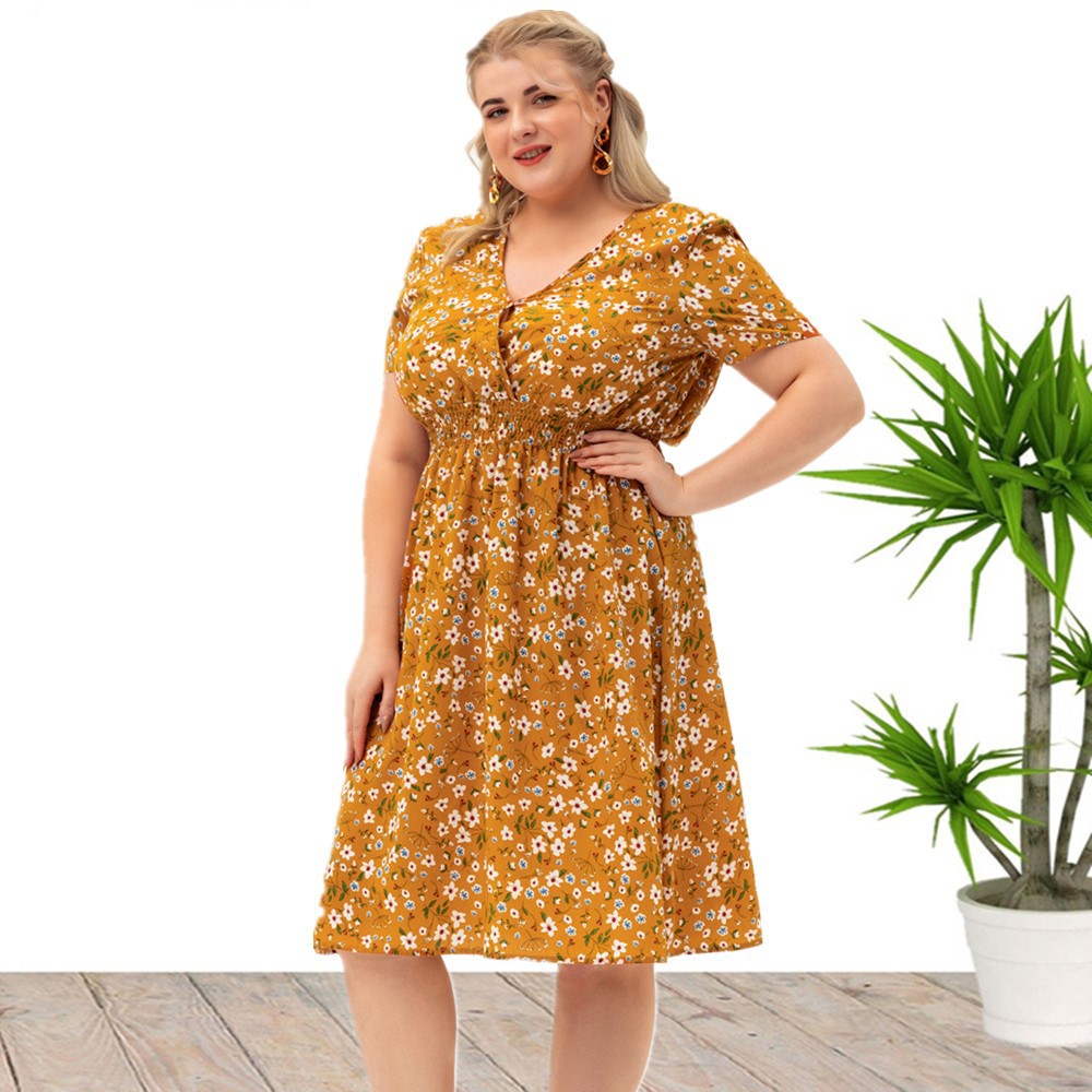 Knee-Length Elastic Waist Short-sleeved Printed Dress