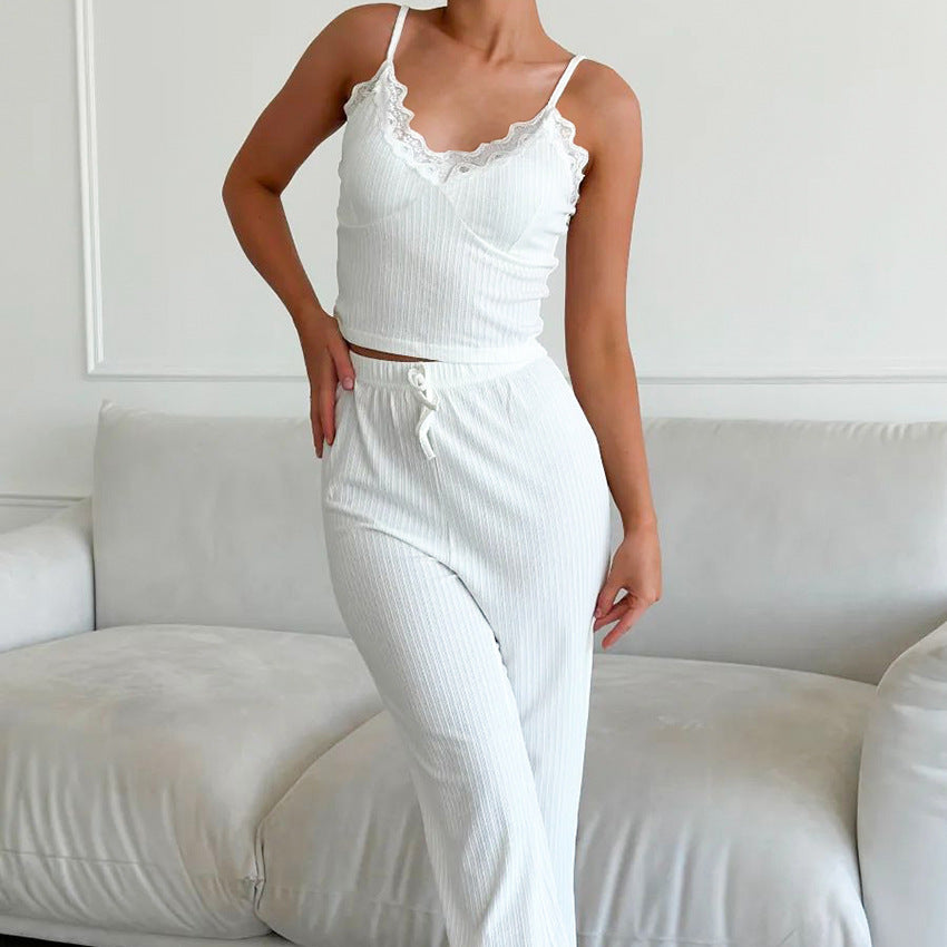 White Knitted Fabric Stitching Lace Sleepwear
