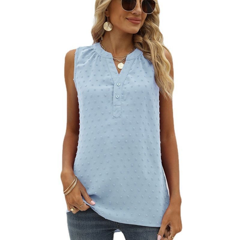 Sleeveless Loose Solid Color Chiffon Blouse V-neck with Jacquard Design