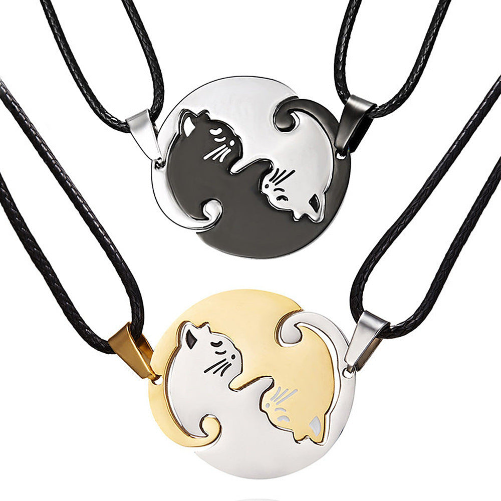 Creative Peach Heart Cat Couple Necklace Stitching Stainless Steel