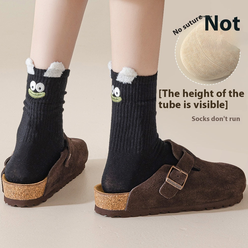 Embroidered Cartoon Happy Face Mid-Calf Tube Cotton Socks