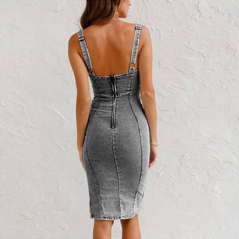 U-neck Suspender Tight Slim-Fit Denim Dress With Slit Design