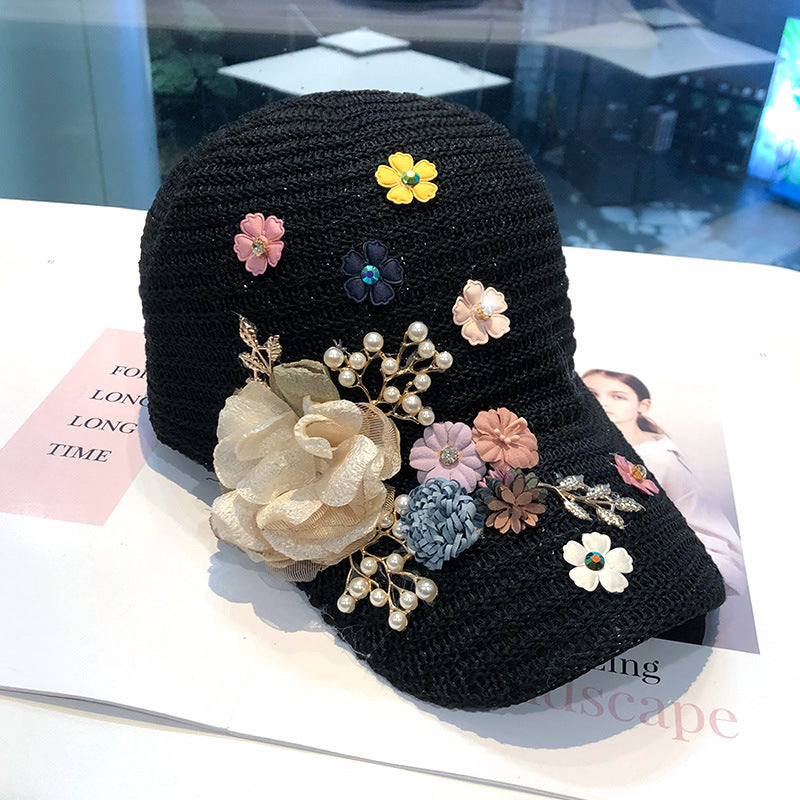 Women's Knitted Flower Rhinestone Handmade Applique Sunshade Cap
