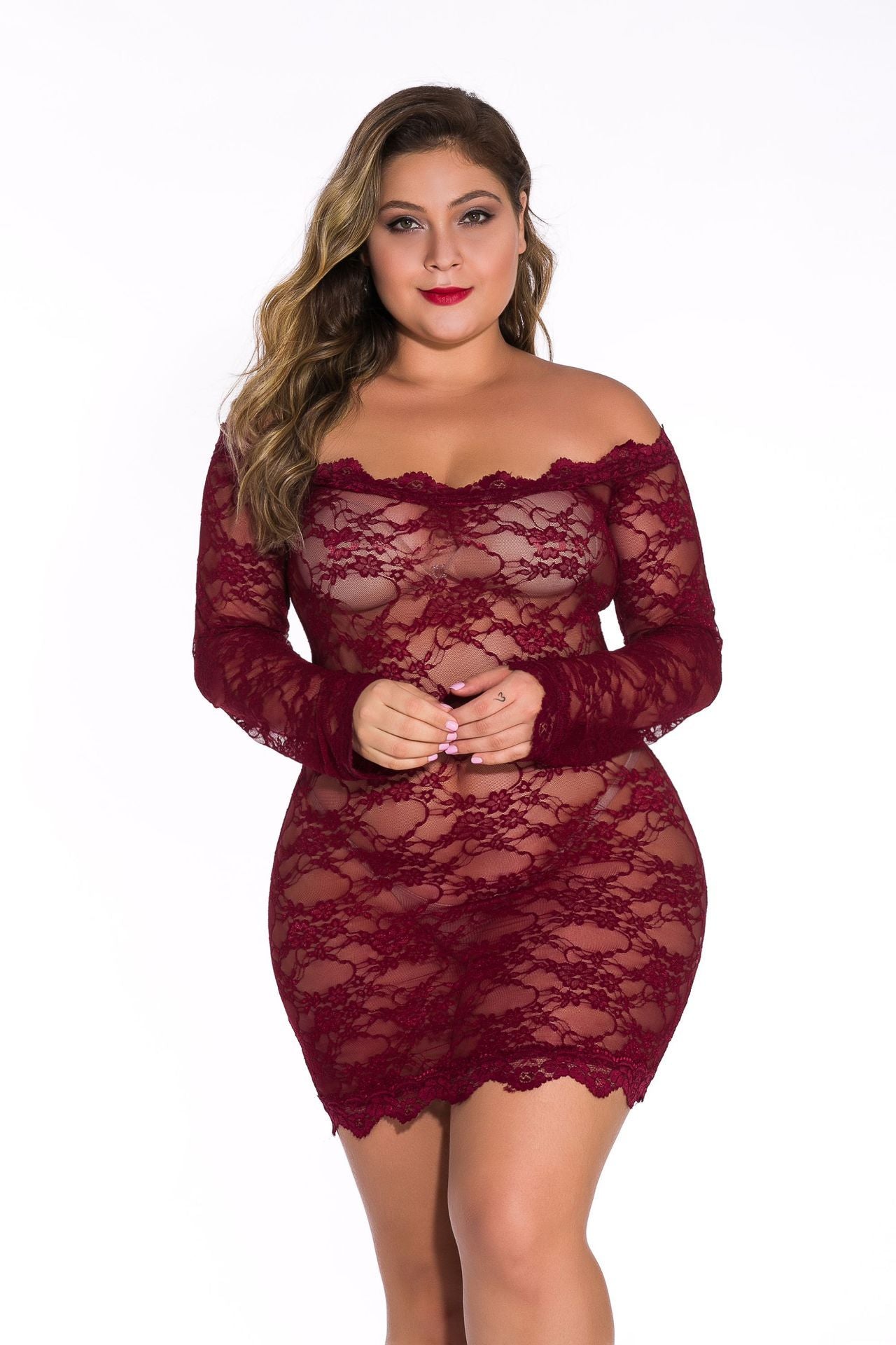 Full Lace Long-Sleeve Short Lingerie Dress