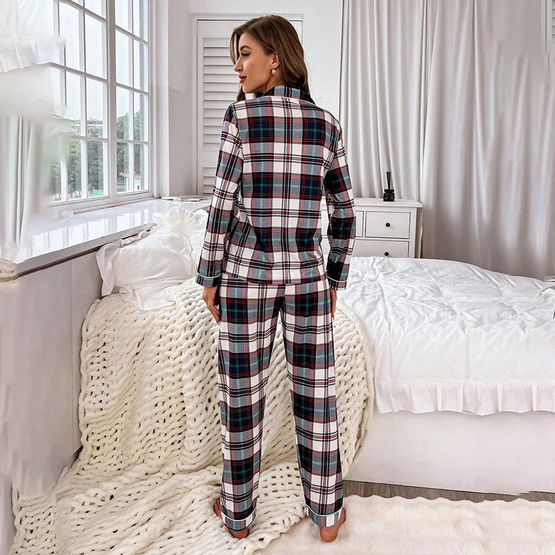 Long Sleeve Trousers Casual Red Cardigan Plaid Pajamas