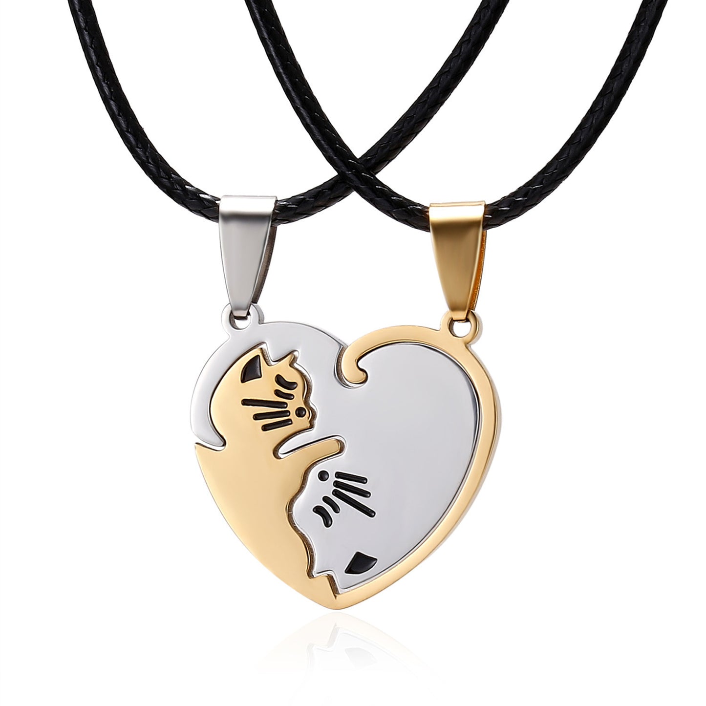 Creative Peach Heart Cat Couple Necklace Stitching Stainless Steel